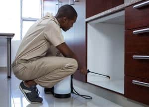 Pest control man spraying pesticide